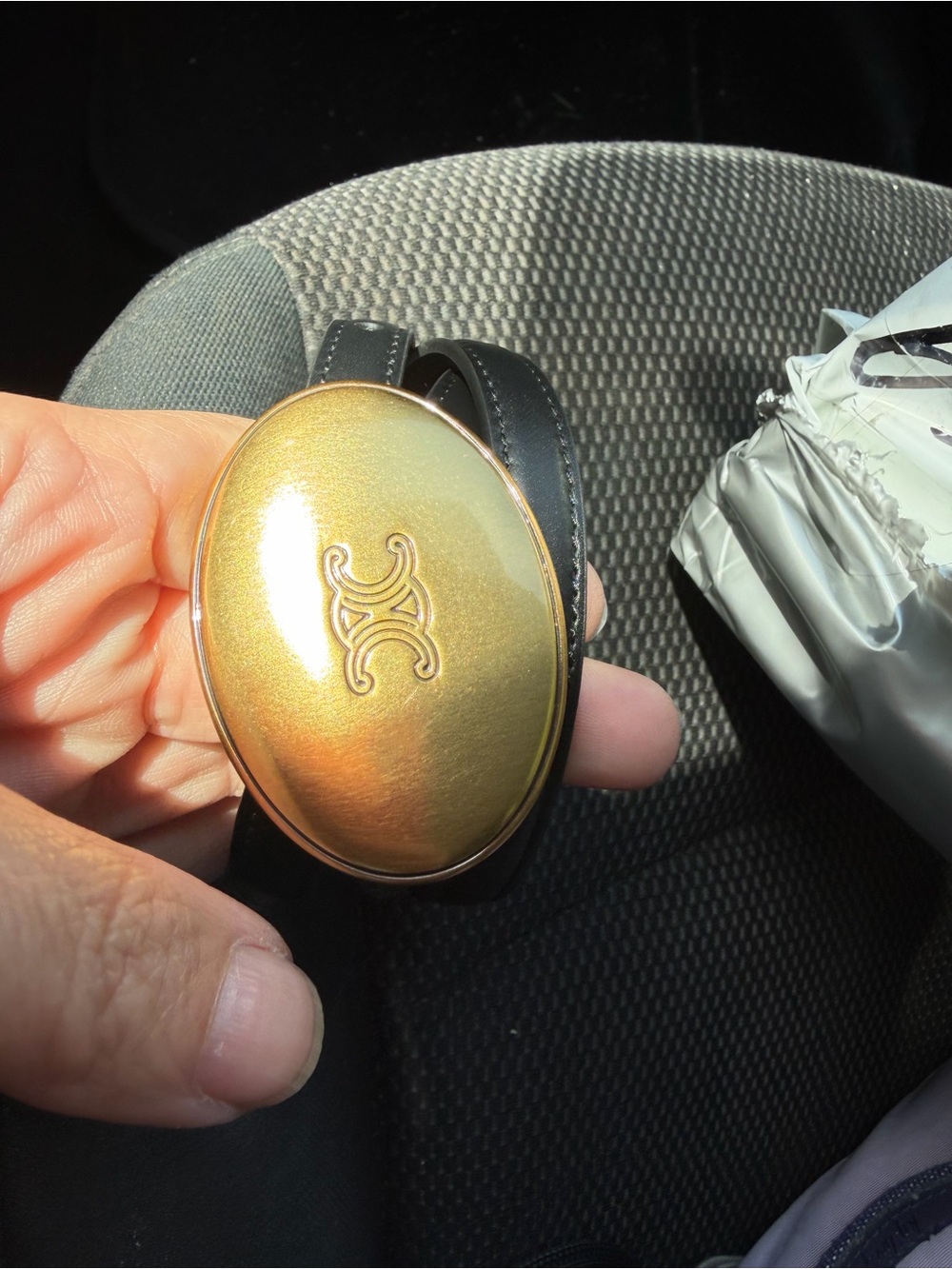 Celine Gold Oval Bracelet with Black Leather Strap